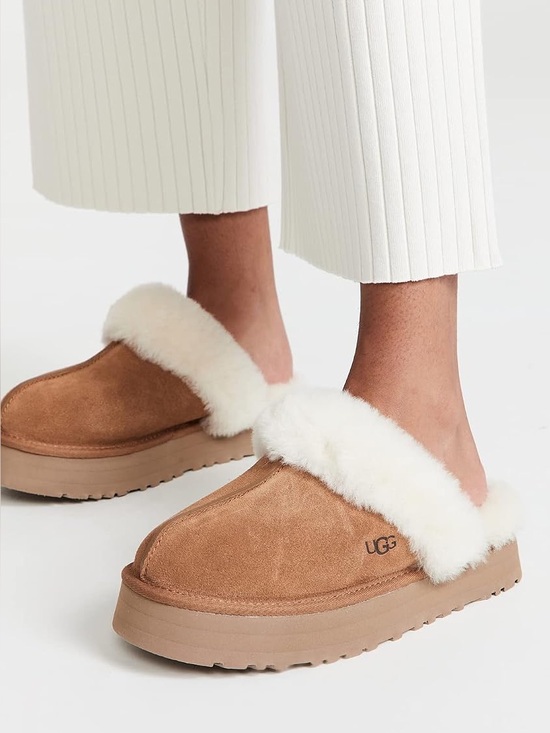 UGG Shoes - UGG Disquette Platform Chestnut Suede Sheepskin Collar Slipper Size 8